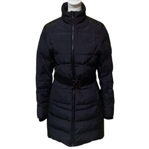 Orobo’s Long Women's Black Puffer Coat with Belted Waist. Size M. Navy/Black.